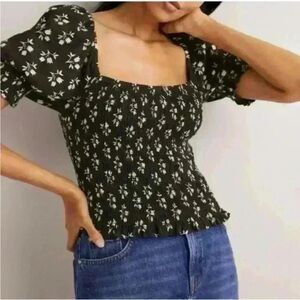 Boden Square Neck Smocked Jersey Crop Top in Black Bud